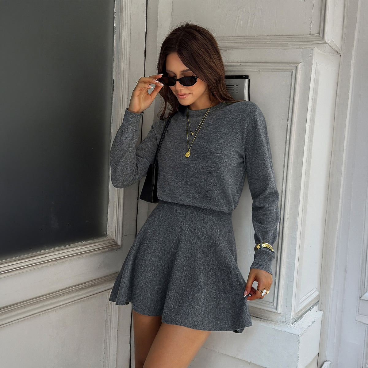 Women Clothing Autumn Winter College round Neck Loose Top High Waist Short Dress