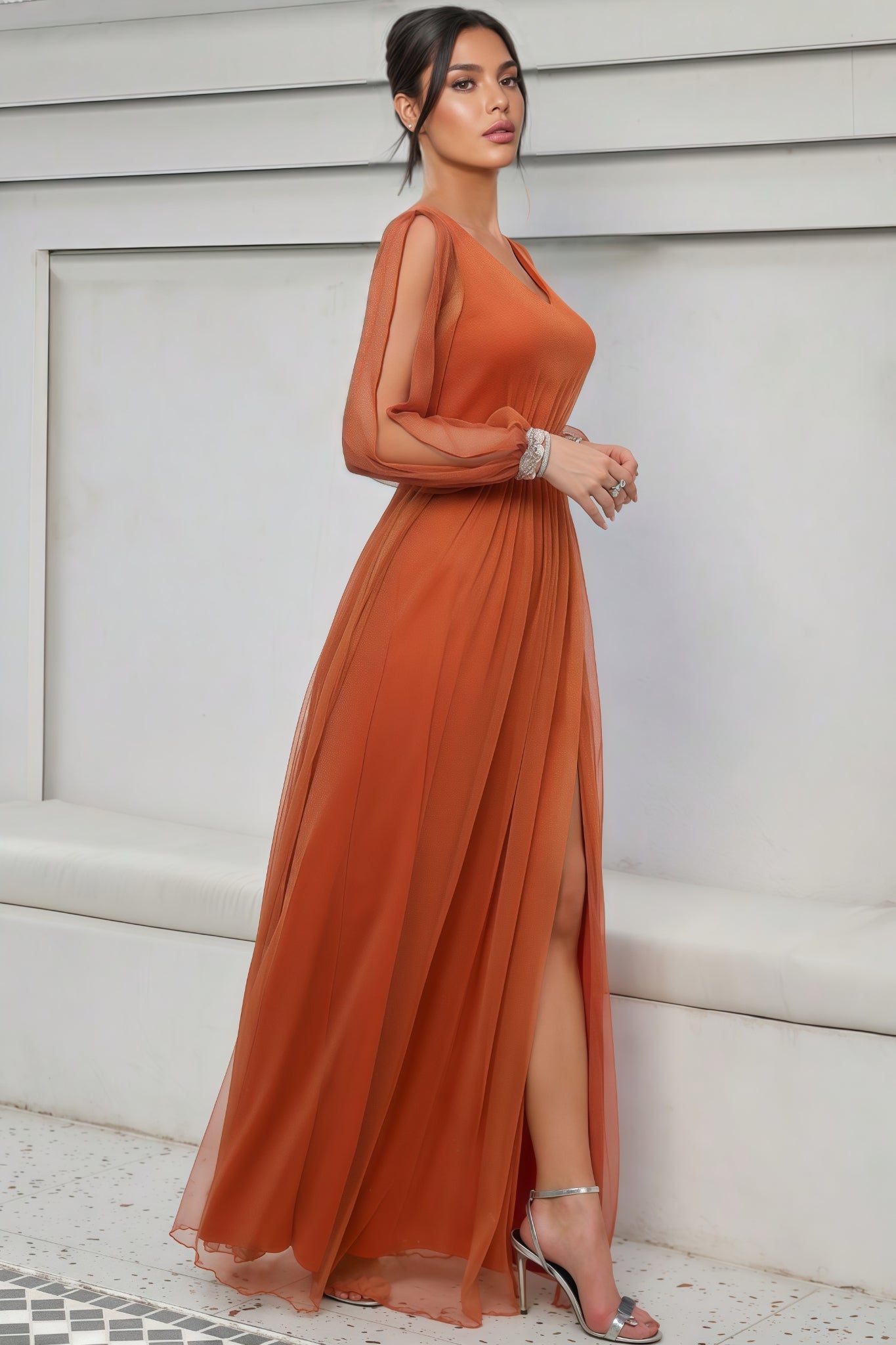 Kole Orange V-neck Mesh Slit Maxi Dress - View 3