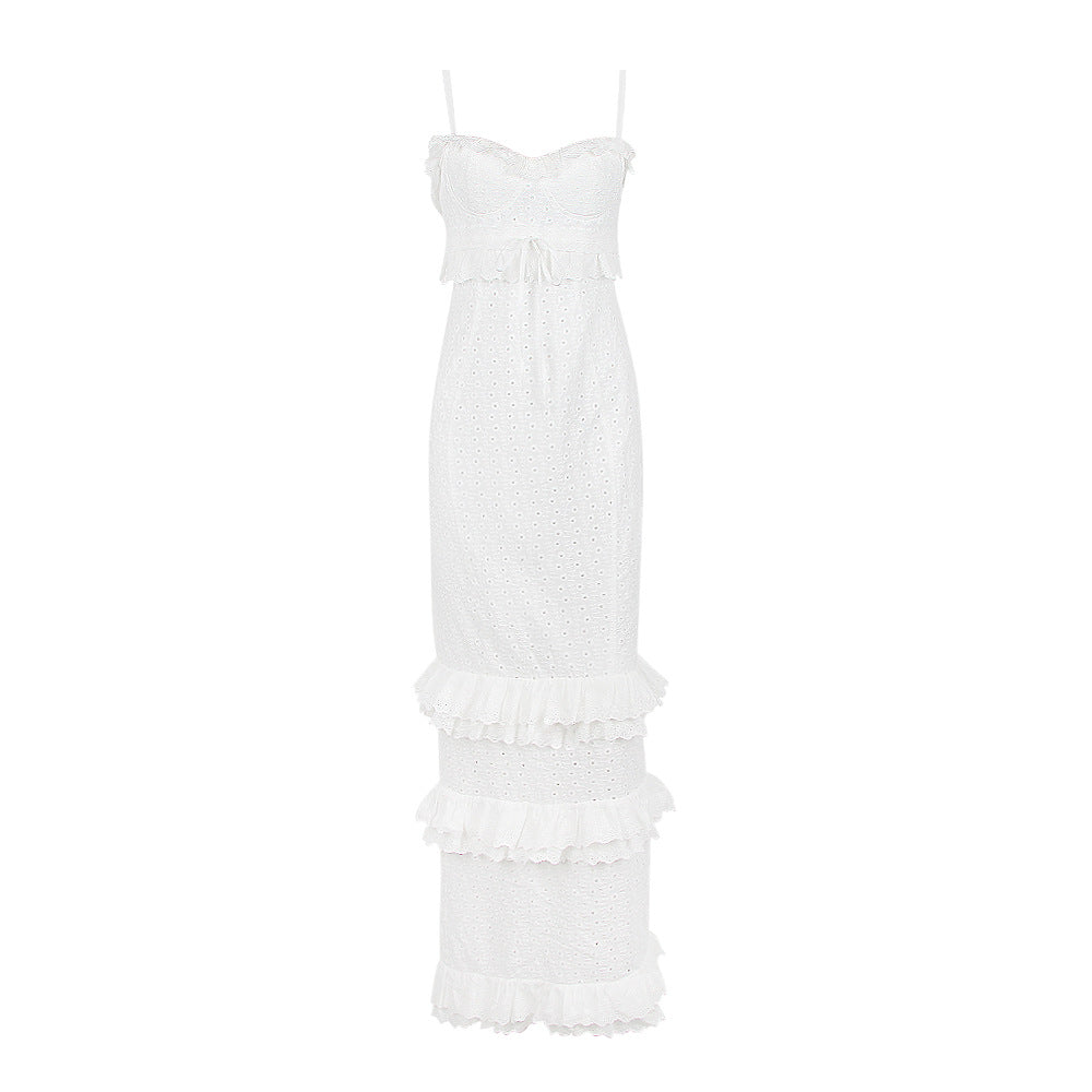 Eyelet Lace Corset Tie Front Tiered Ruffle Spaghetti Strap Maxi Dress