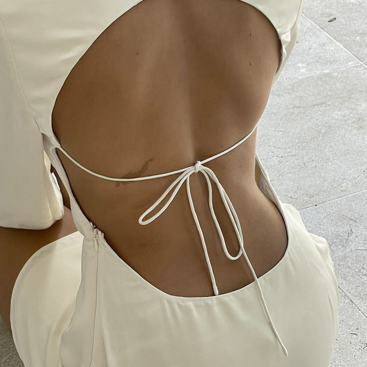Satin Bell Sleeve Open Back Circle Cut Out Tie Bow A-Line Mini Dress
