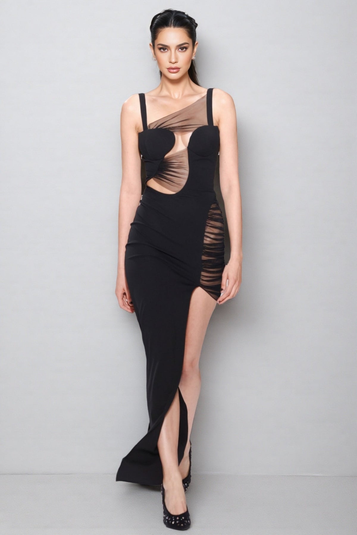 Asymmetric Strap Ruched Mesh Cut Out High Split Bodycon Maxi Dress