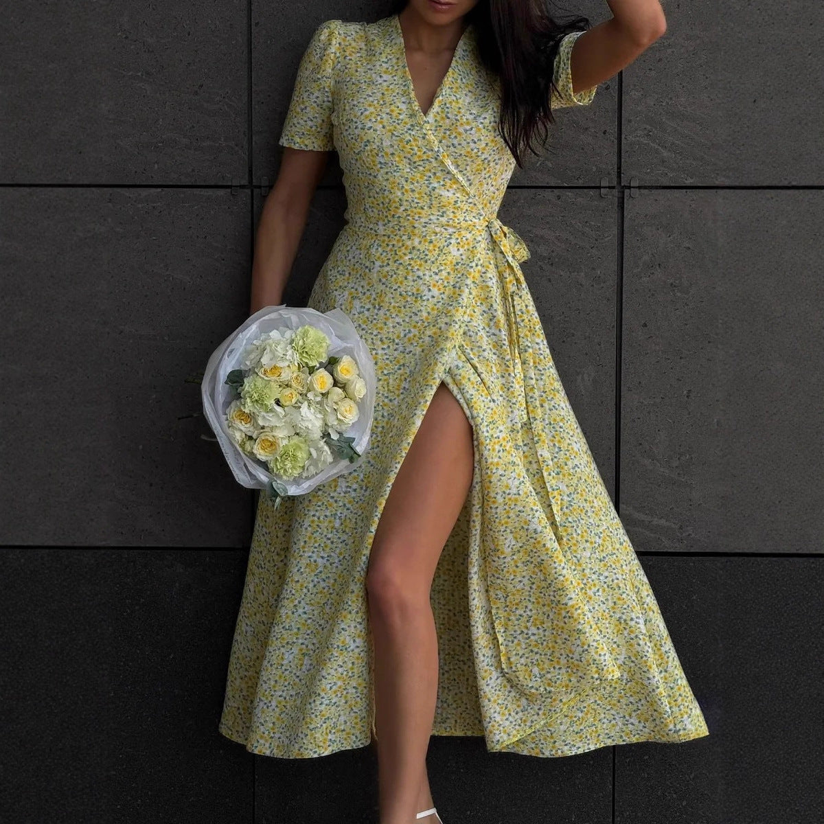V neck Short Sleeved Dress Summer One Piece Self Tie Slit Tight Waist Floral Dress