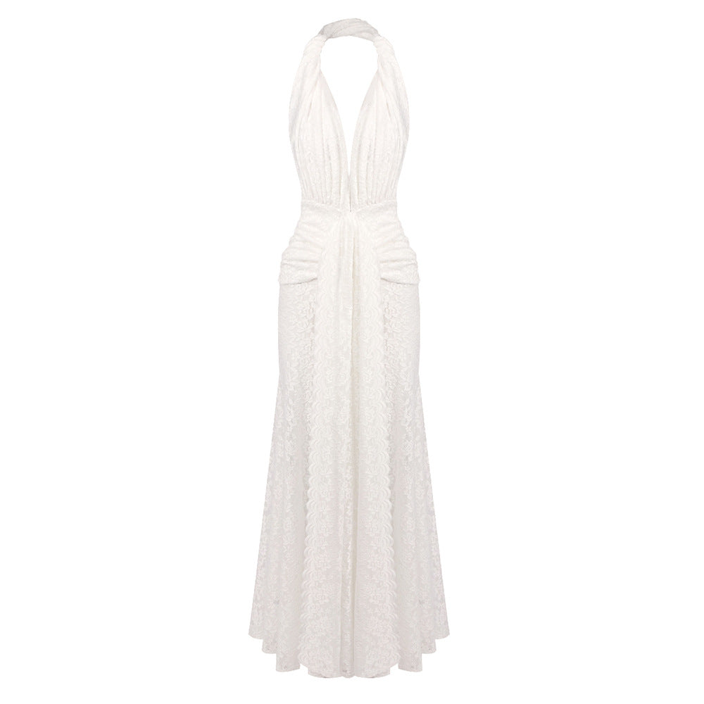 Lace Halter Neck Deep V-Neck Twist Front Sheer Skirt Maxi Gown 6