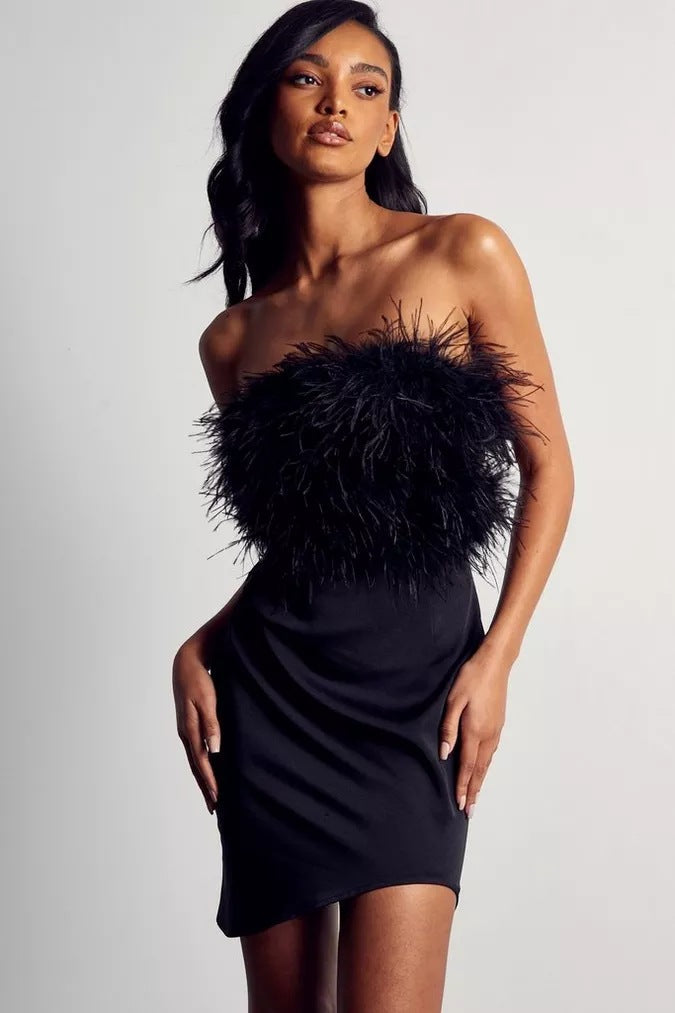 Autumn Winter Backless Feather Tube Top Irregular Dress - View 5