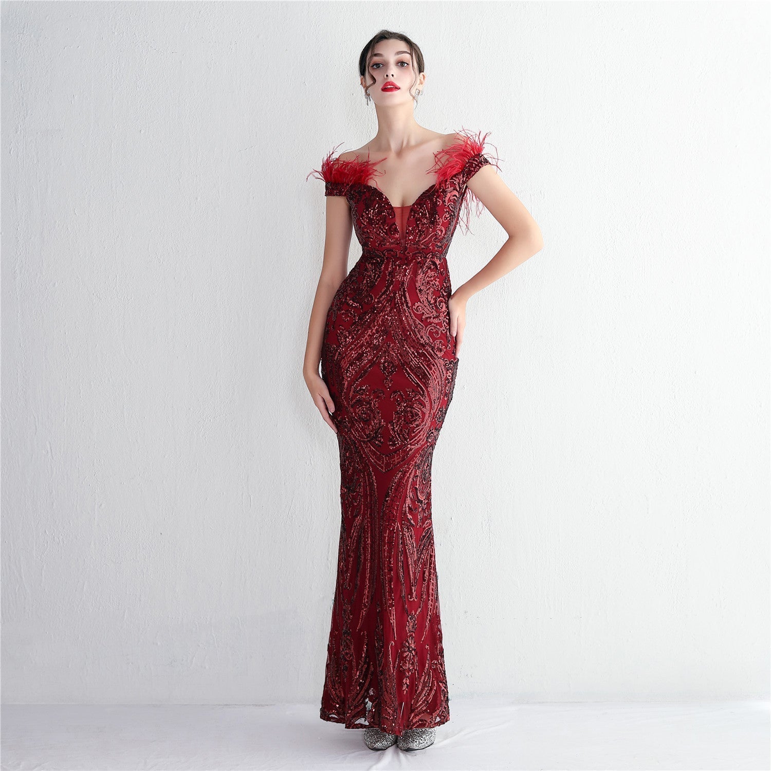 Off Shoulder Feather Deep V-Neck Sequin Mermaid Gown