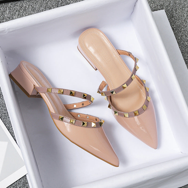 Patent Pointed Toe Studded Strap Block Heel Mules