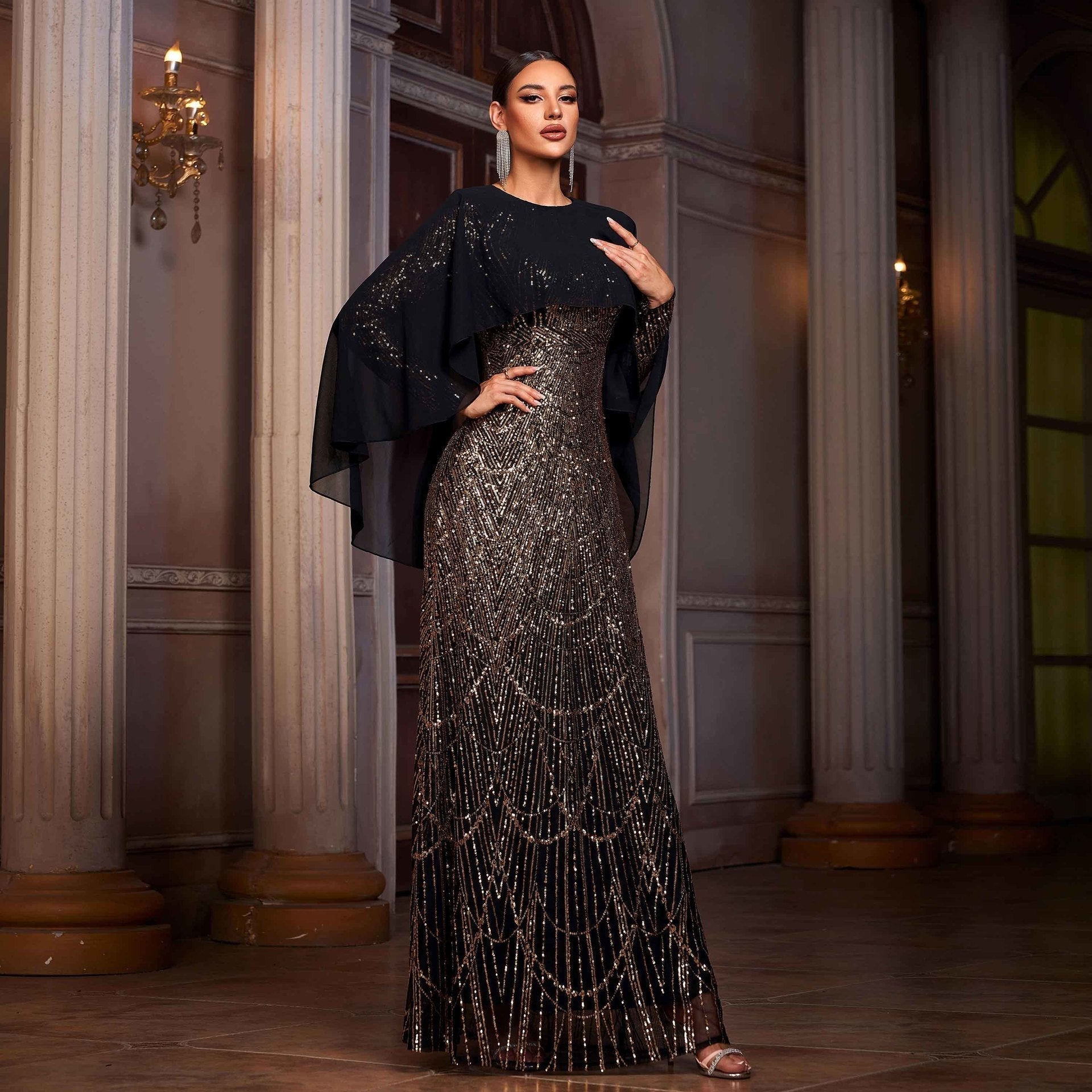 Sequin Round Neck Draped Cape Long Sleeve Sheath Evening Gown