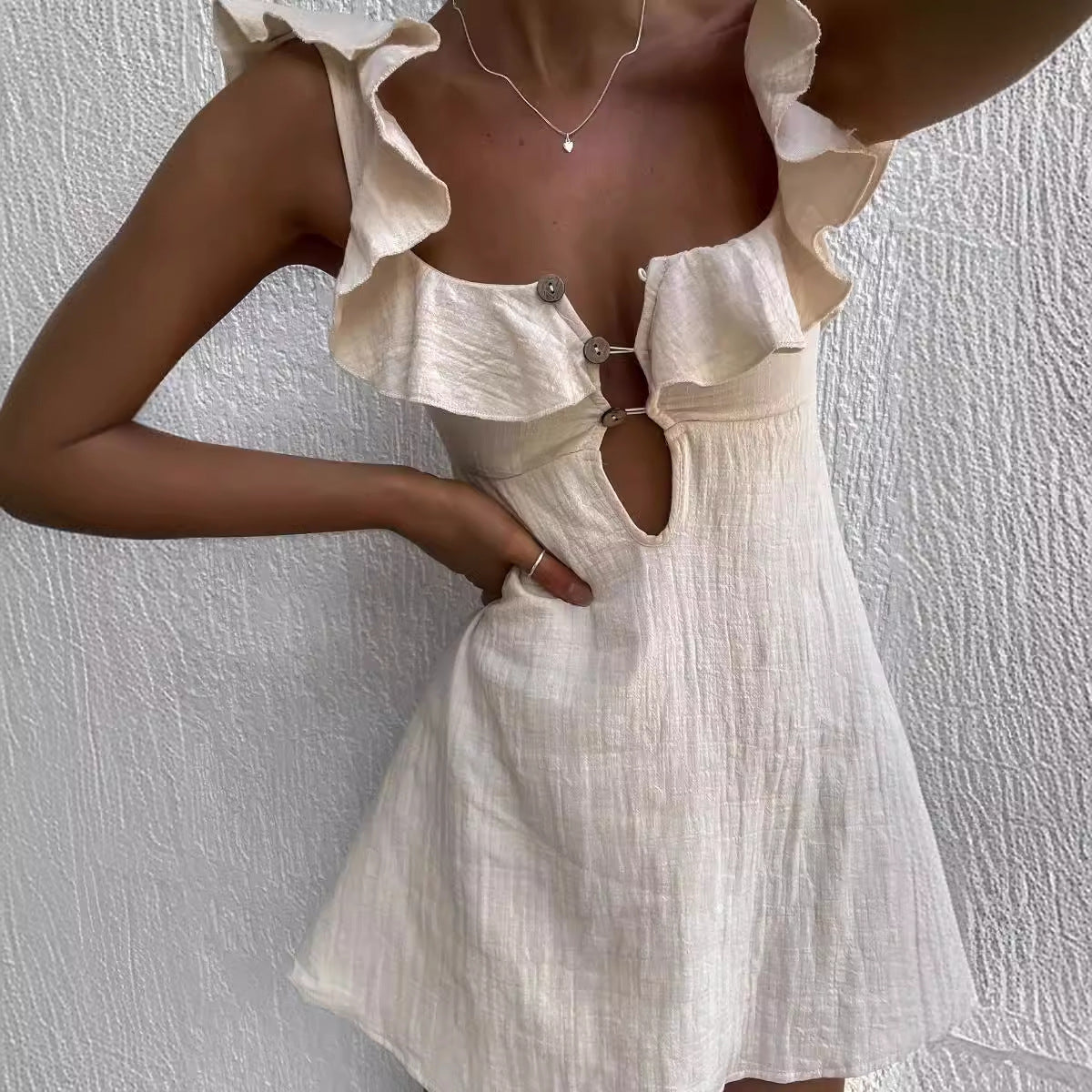 Ruffle Strap Keyhole Button Front Textured A-Line Mini Dress 4