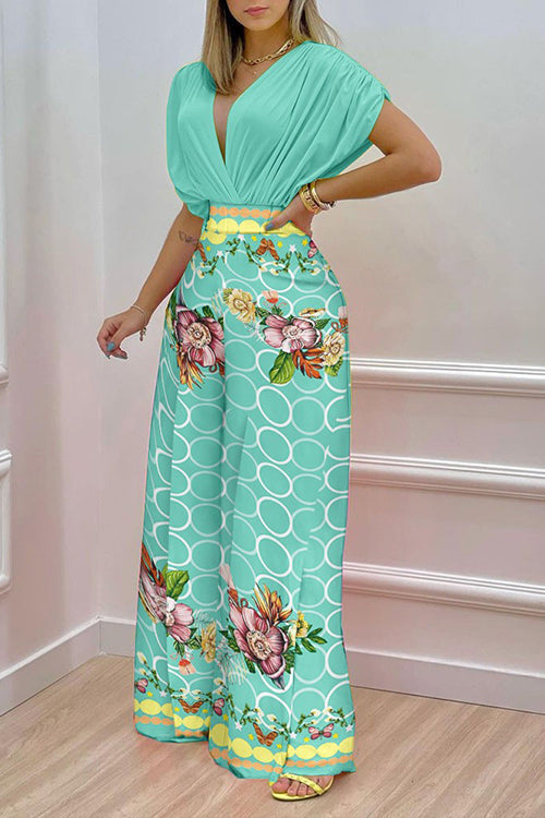 V Neck Bat Blouse Print Wide Leg Pants Set