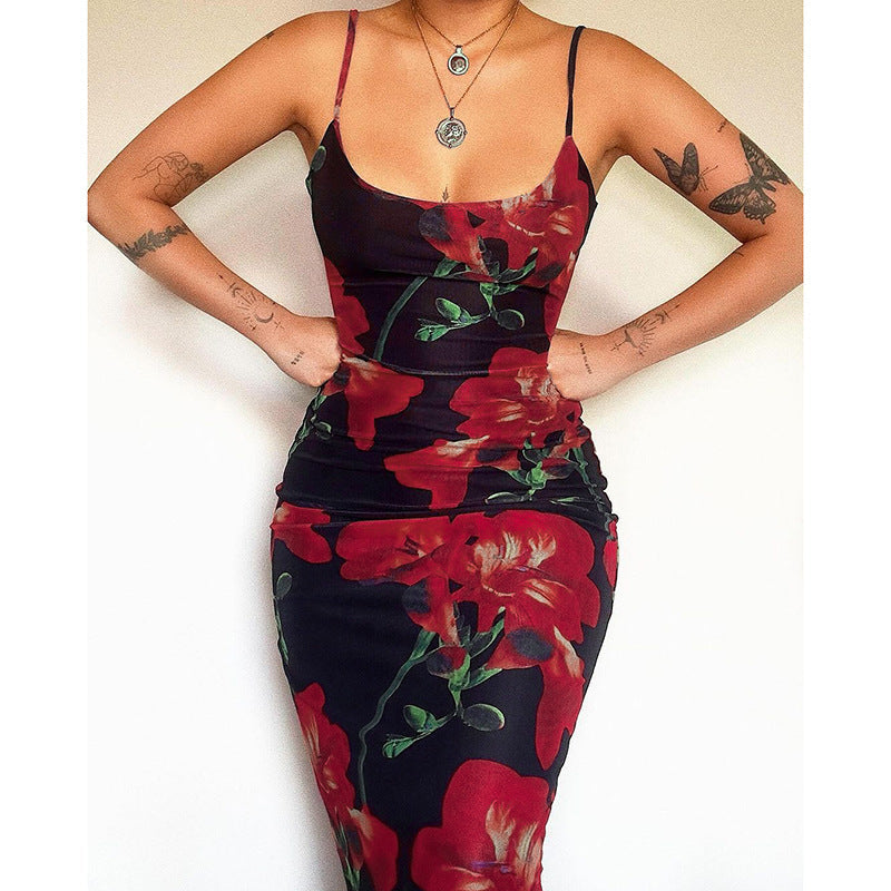 Spaghetti Strap Floral Print Stretch Slim Fit Dress Waist Sheath Dress