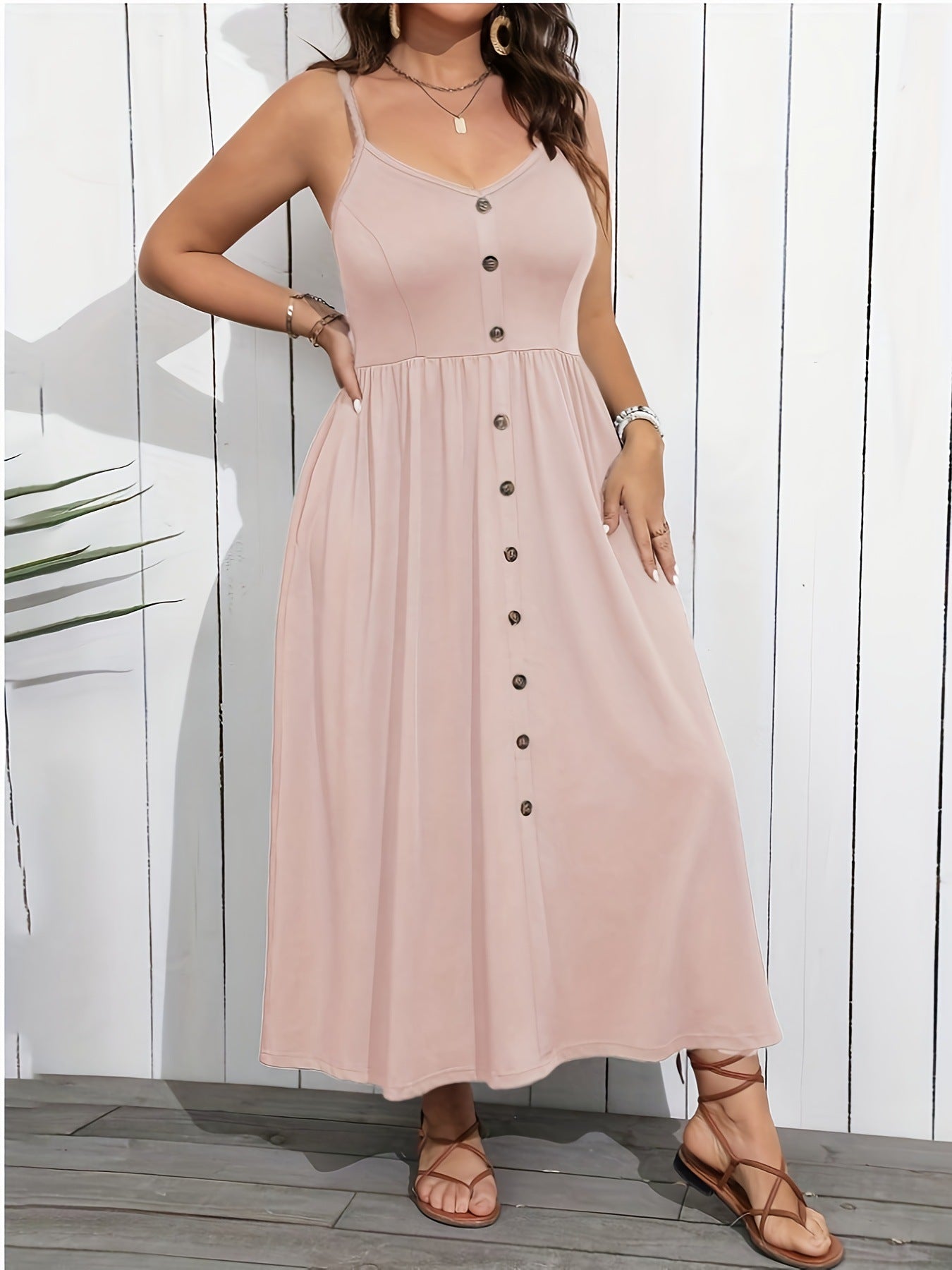 Spaghetti Strap Button Front Pocket Midi Dress 10
