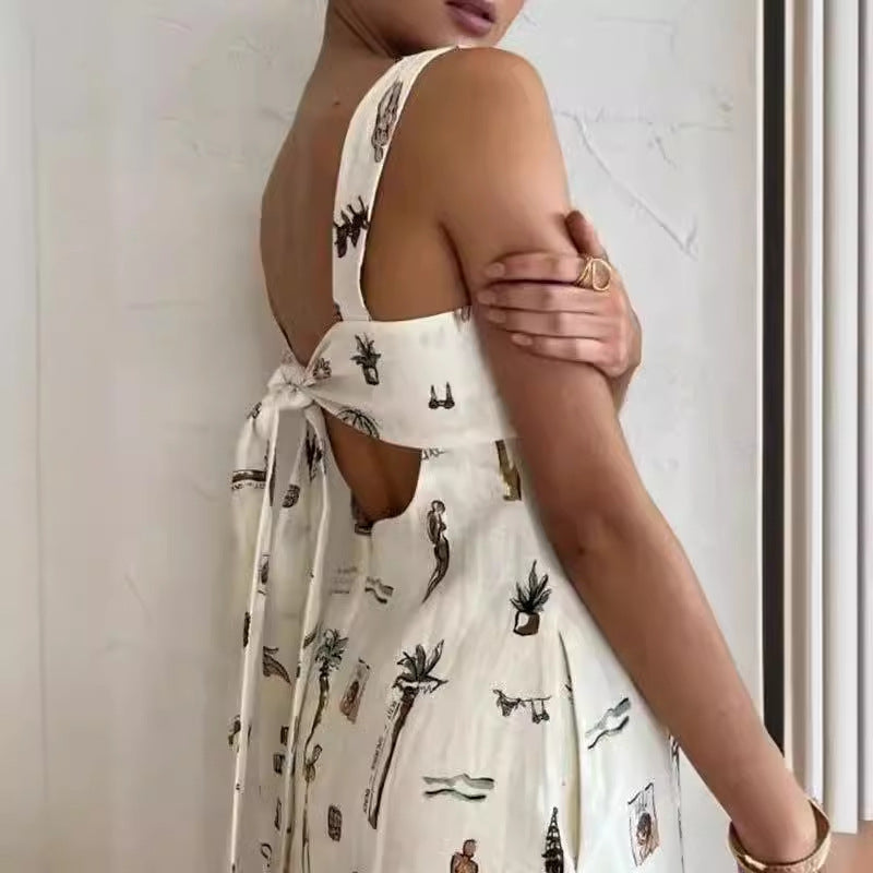 Beach Novelty Print Square Neck Wide Strap Pocket A-Line Maxi Dress 2