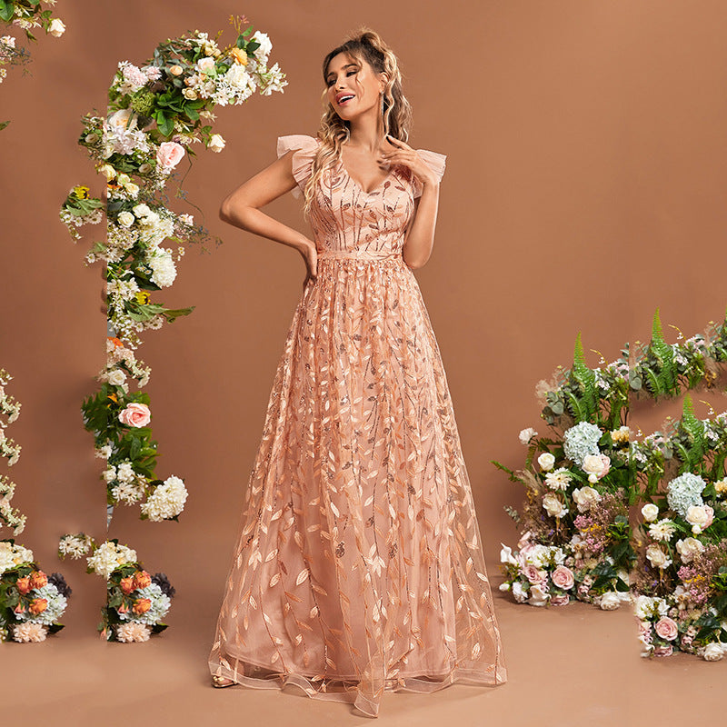 Sequin V-Neck Ruffle Sleeve Floral Tulle A-Line Prom Gown