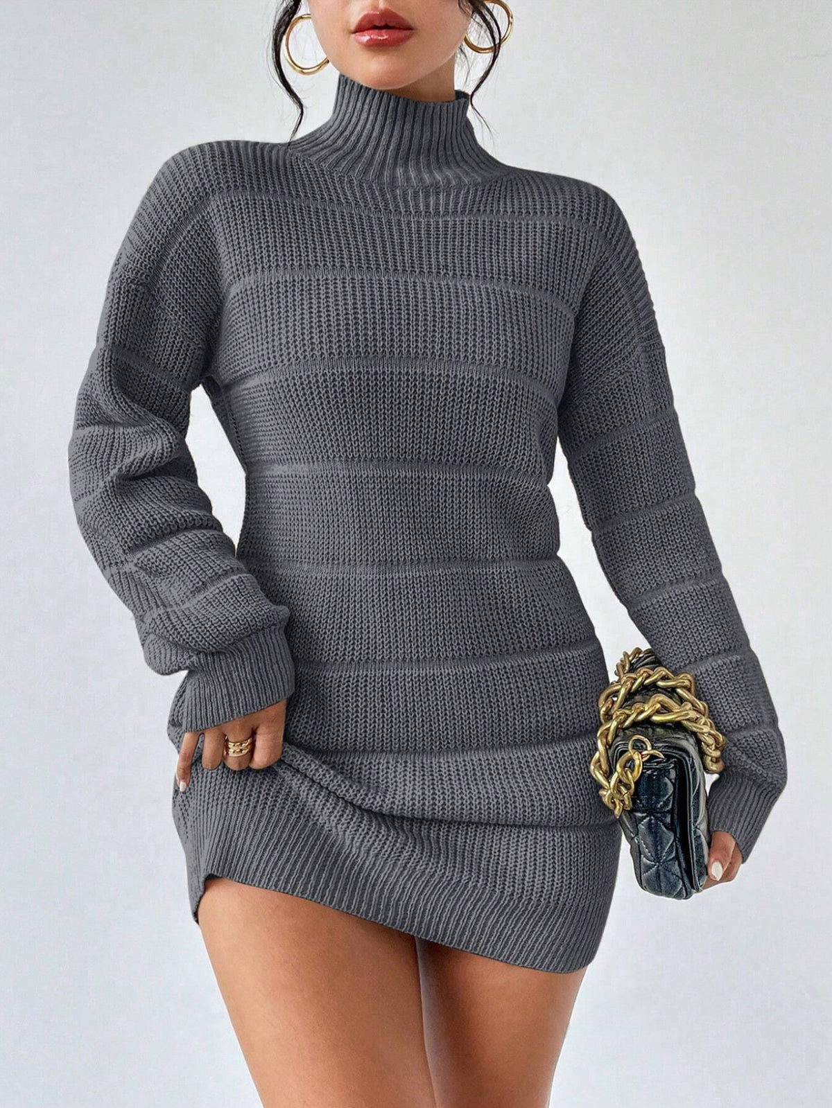 Mock Neck Long Sleeve Textured Knit Sweater Mini Dress 6
