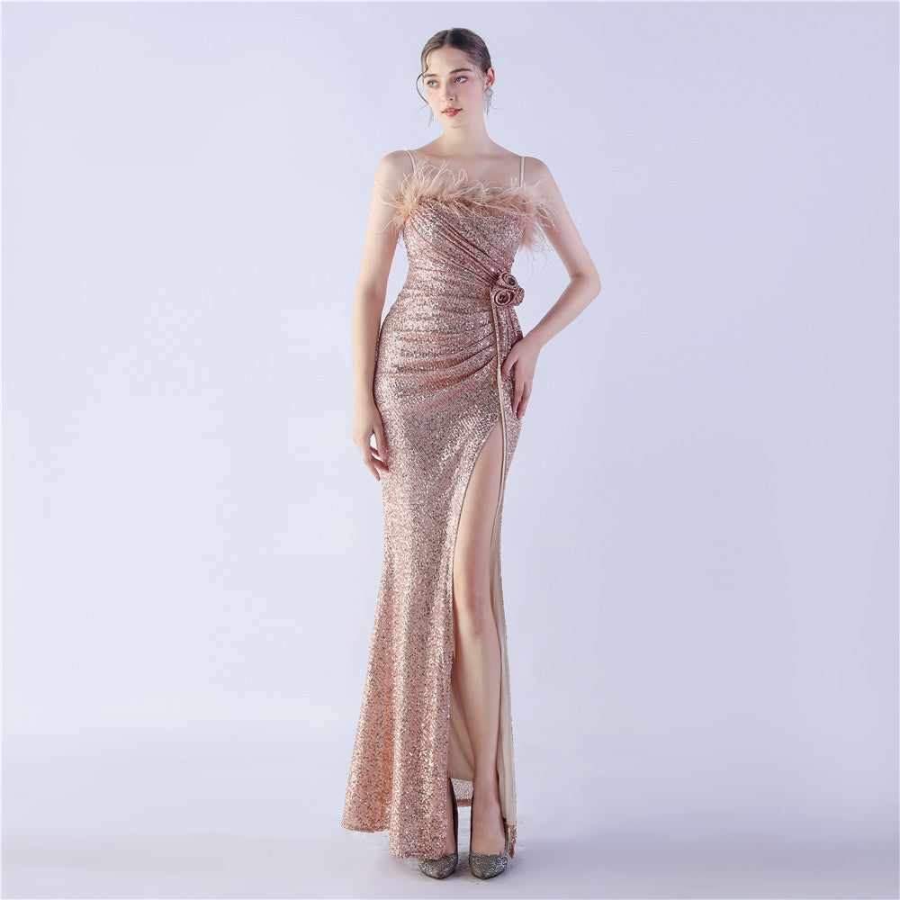 Sequin Spaghetti Strap Feather Trim High Split Mermaid Gown
