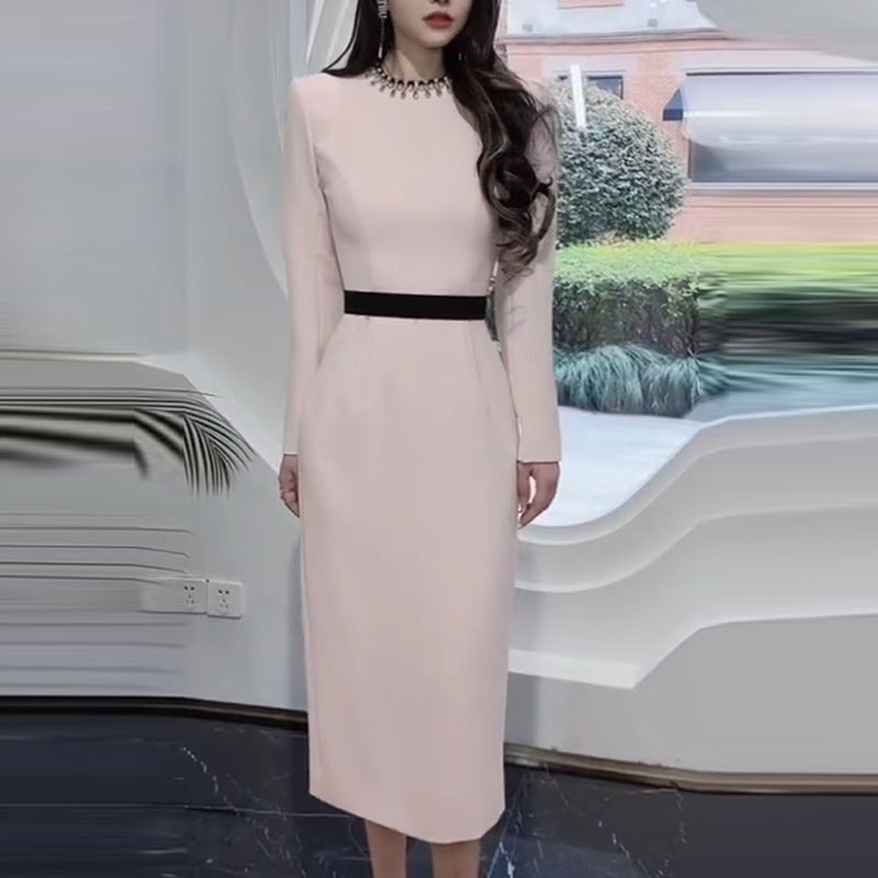 Socialite Simple Graceful Diamond Beaded Color Matching Long Sleeve Dress