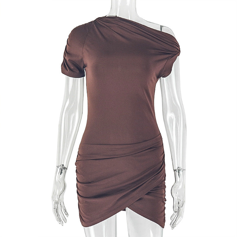 Asymmetric Neck Cap Sleeve Ruched Wrap Hem Bodycon Mini Dress 2
