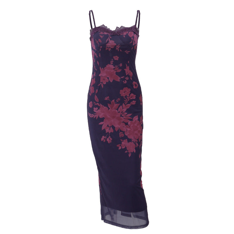 Floral Print Mesh Lace Trim Sweetheart Cami Bodycon Maxi Dress 5