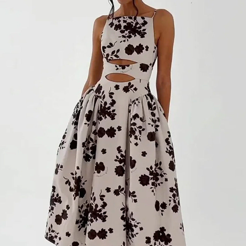 Floral Print Square Neck Cut Out A-Line Midi Dress