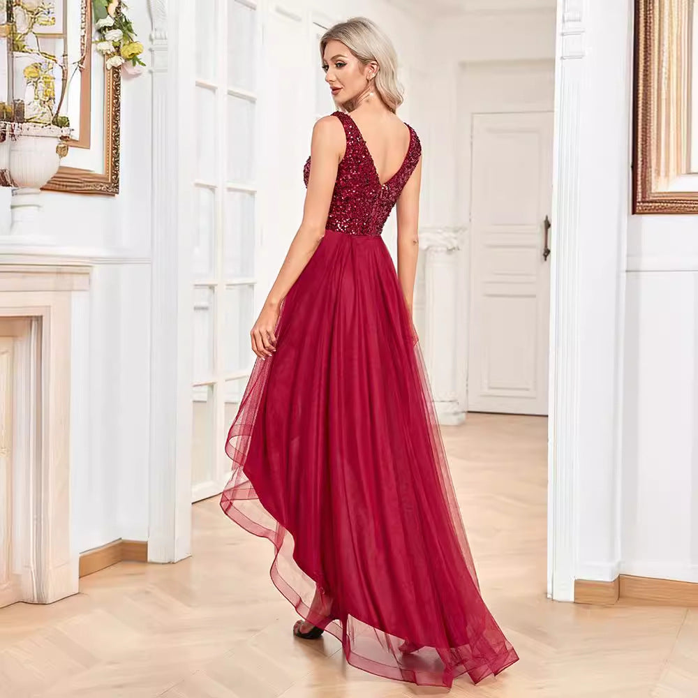 Sequin V-Neck Tulle High Low Midi Dress