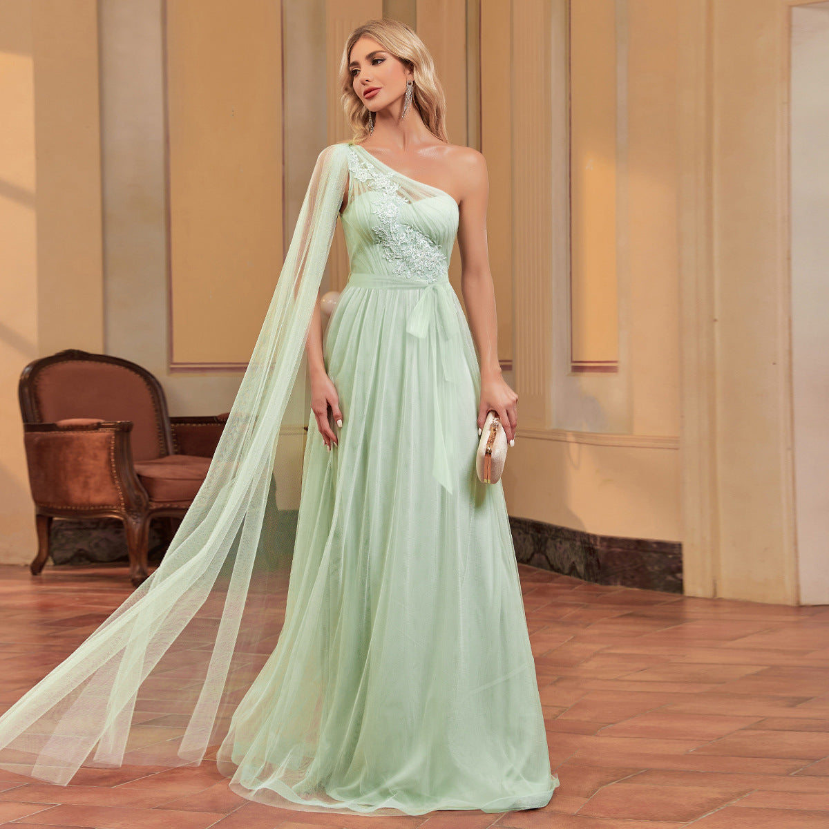 One Shoulder Cape Lace Applique A-Line Tulle Maxi Dress