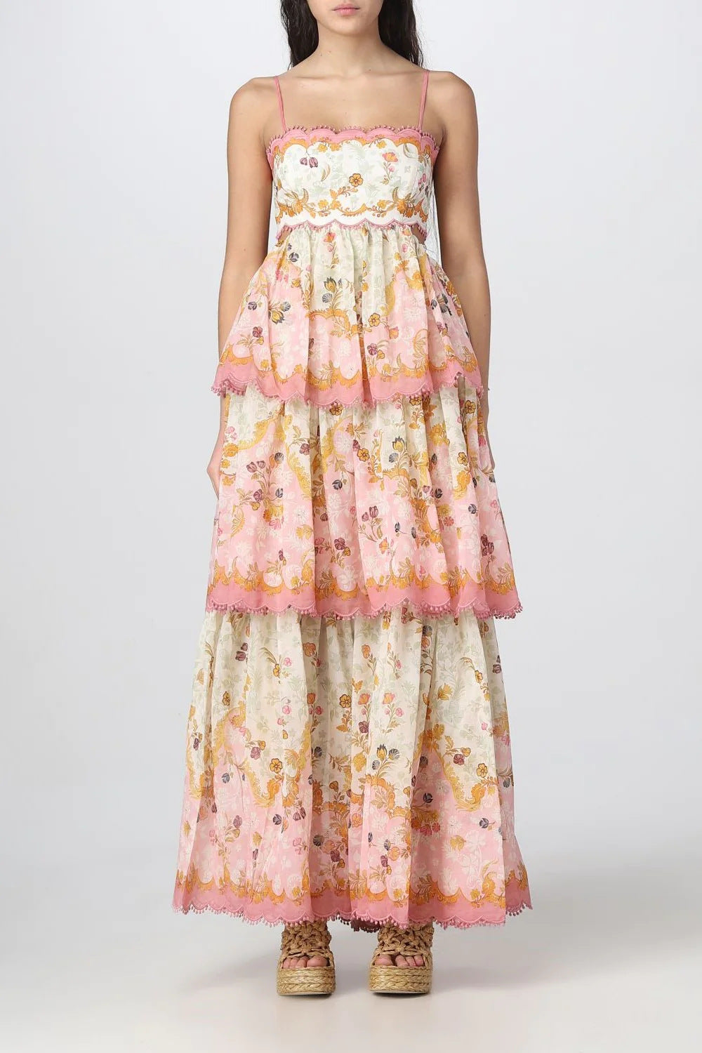 Floral Spaghetti Strap Scalloped Cut Out Tiered Midi Dress