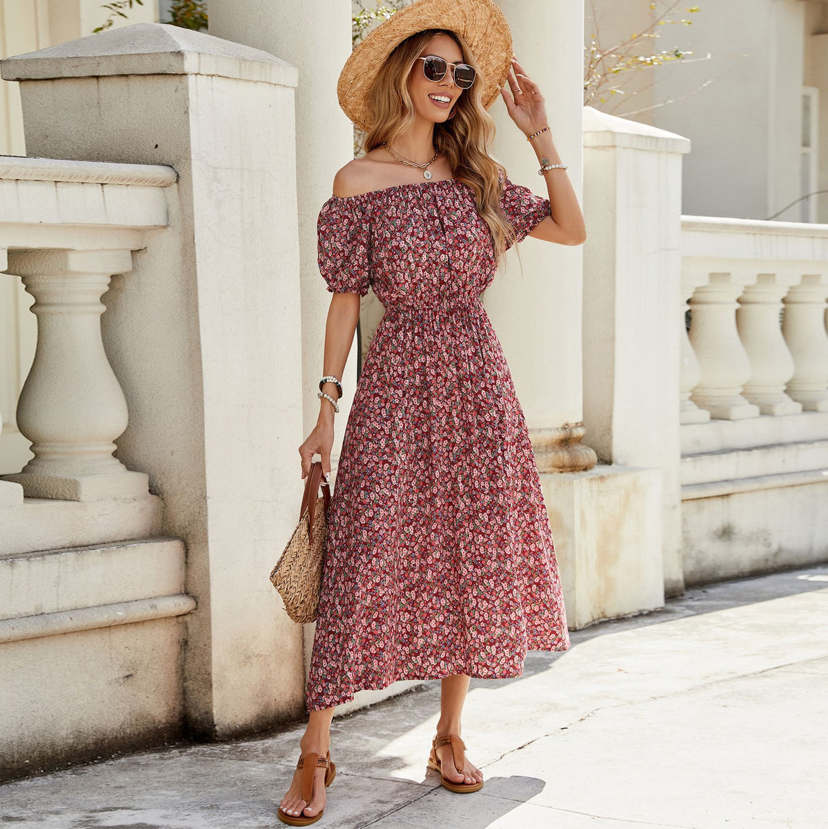 Women Floral off Shoulder Short Sleeve Retro Vacation Dress