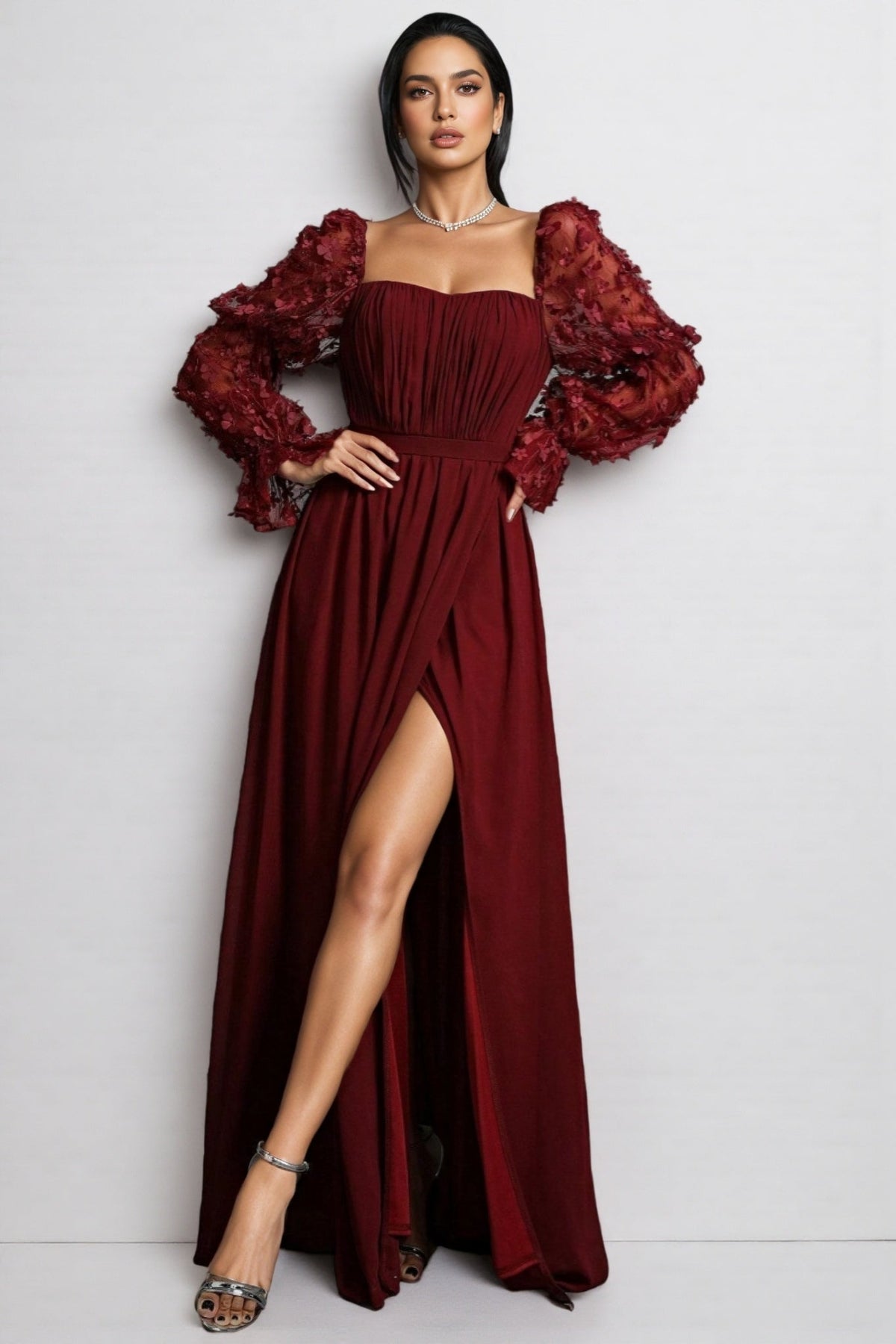 Square Neck Floral Applique Puff Sleeve High Split Maxi Dress