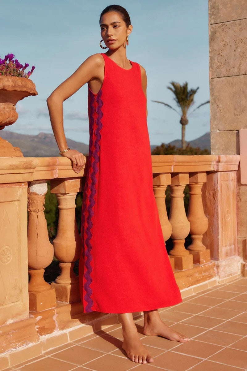 Scalloped Side Trim Sleeveless A-Line Shift Midi Dress