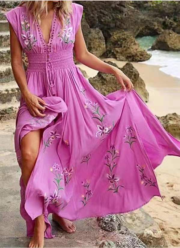 Floral Embroidered Deep V-Neck Smocked Waist Maxi Dress 8