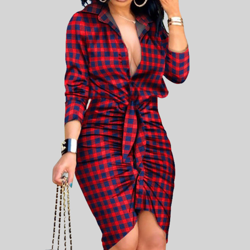 Women Clothing V neck Lace up Long Sleeve Waist Tight Hip Bag Dress