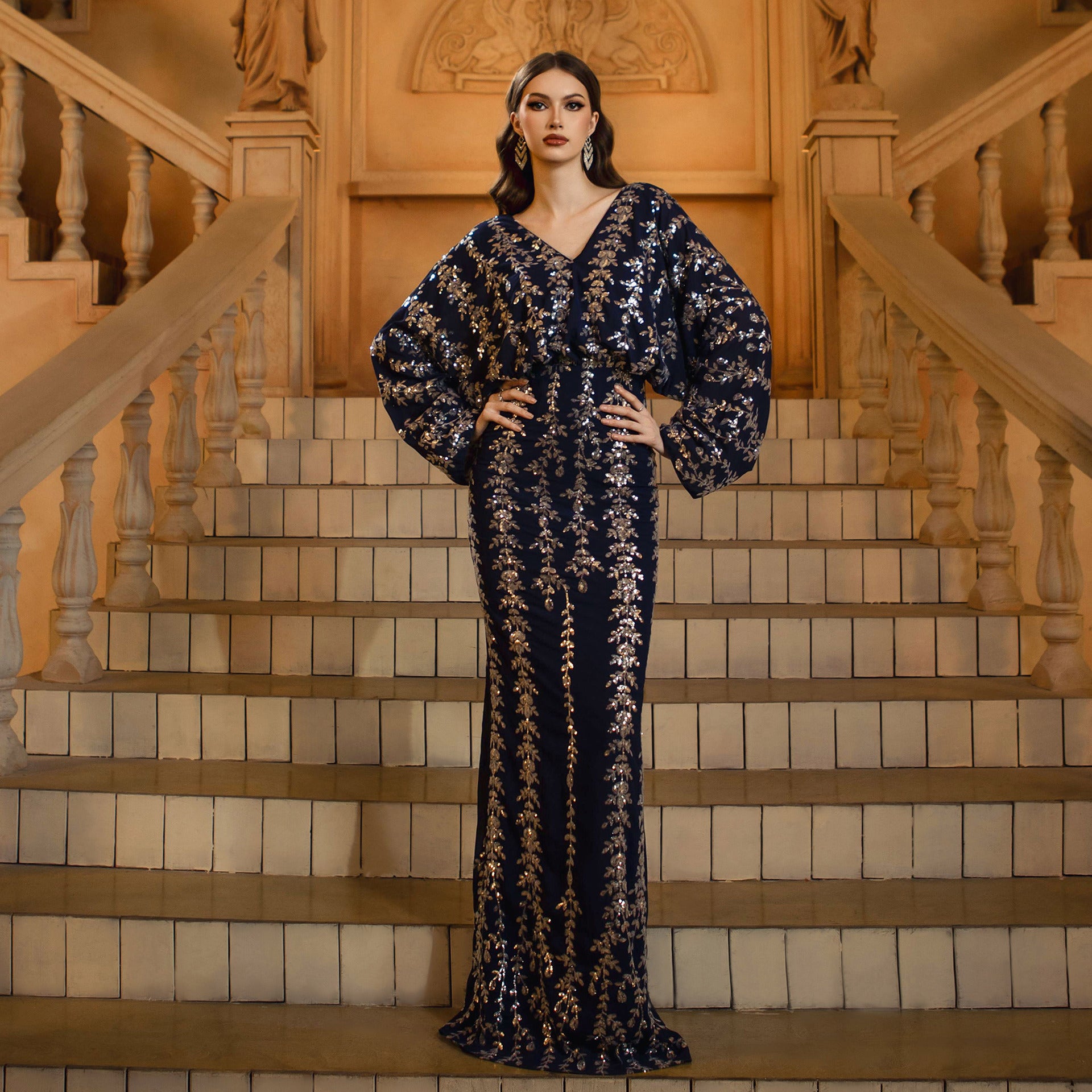 Women Clothing High End Long Sleeved V neck Slim Fit Sheath Sequined Cocktail Fishtail Evening Dress Dress