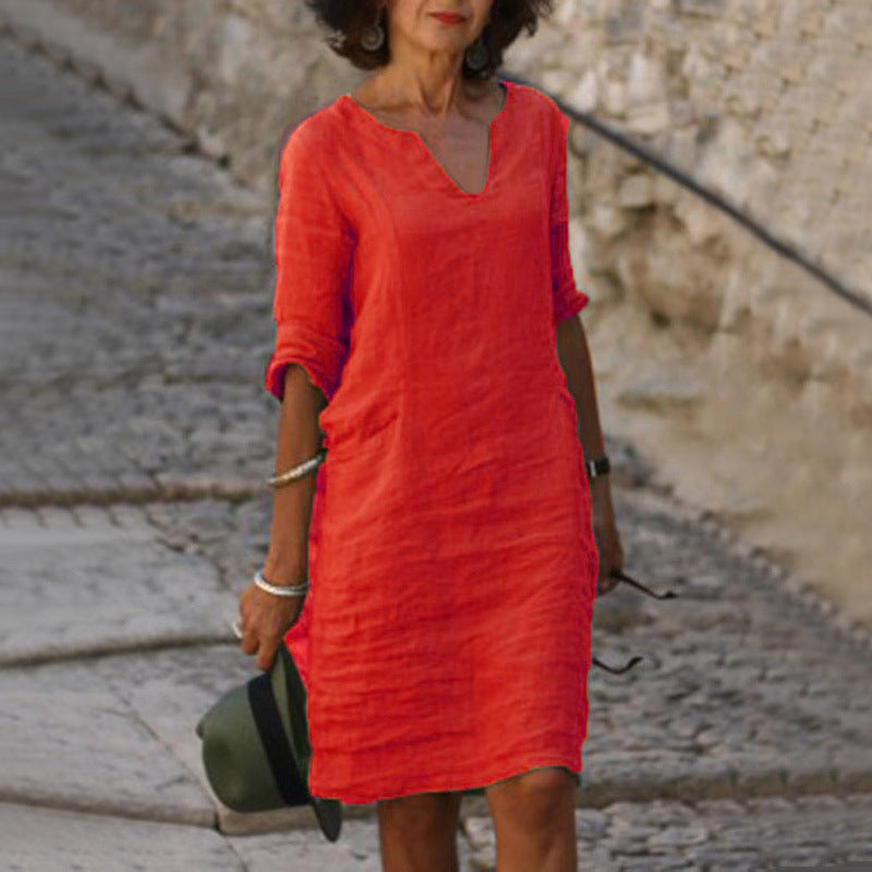 Split Neck Short Sleeve Pocket Shift Midi Dress 8