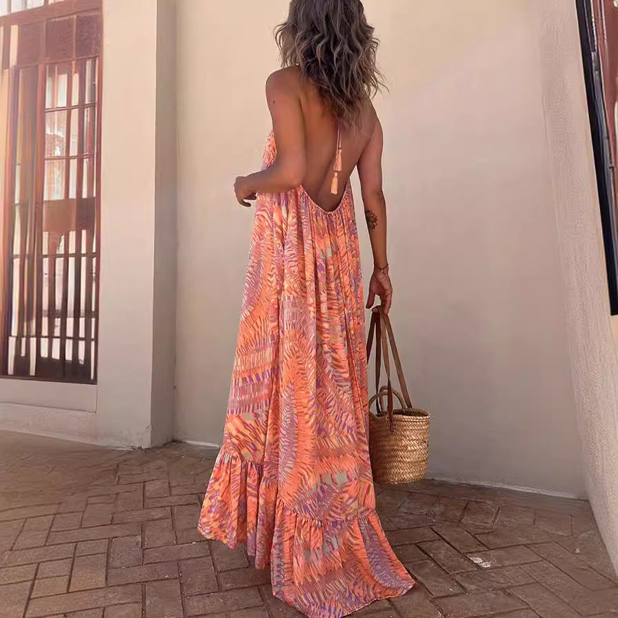 Abstract Print Halter Neck Sleeveless Ruffle Hem Swing Maxi Dress 3