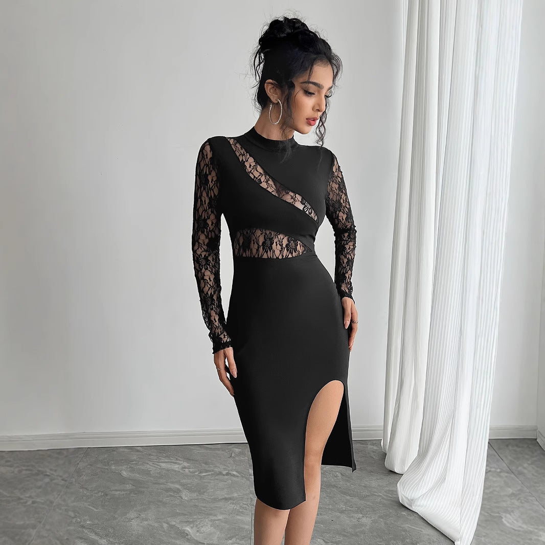 Lace Panel Mock Neck Long Sleeve High Split Bodycon Midi Dress