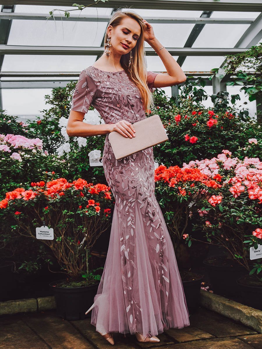 Sequin Round Neck Short Sleeve Mermaid Maxi Gown