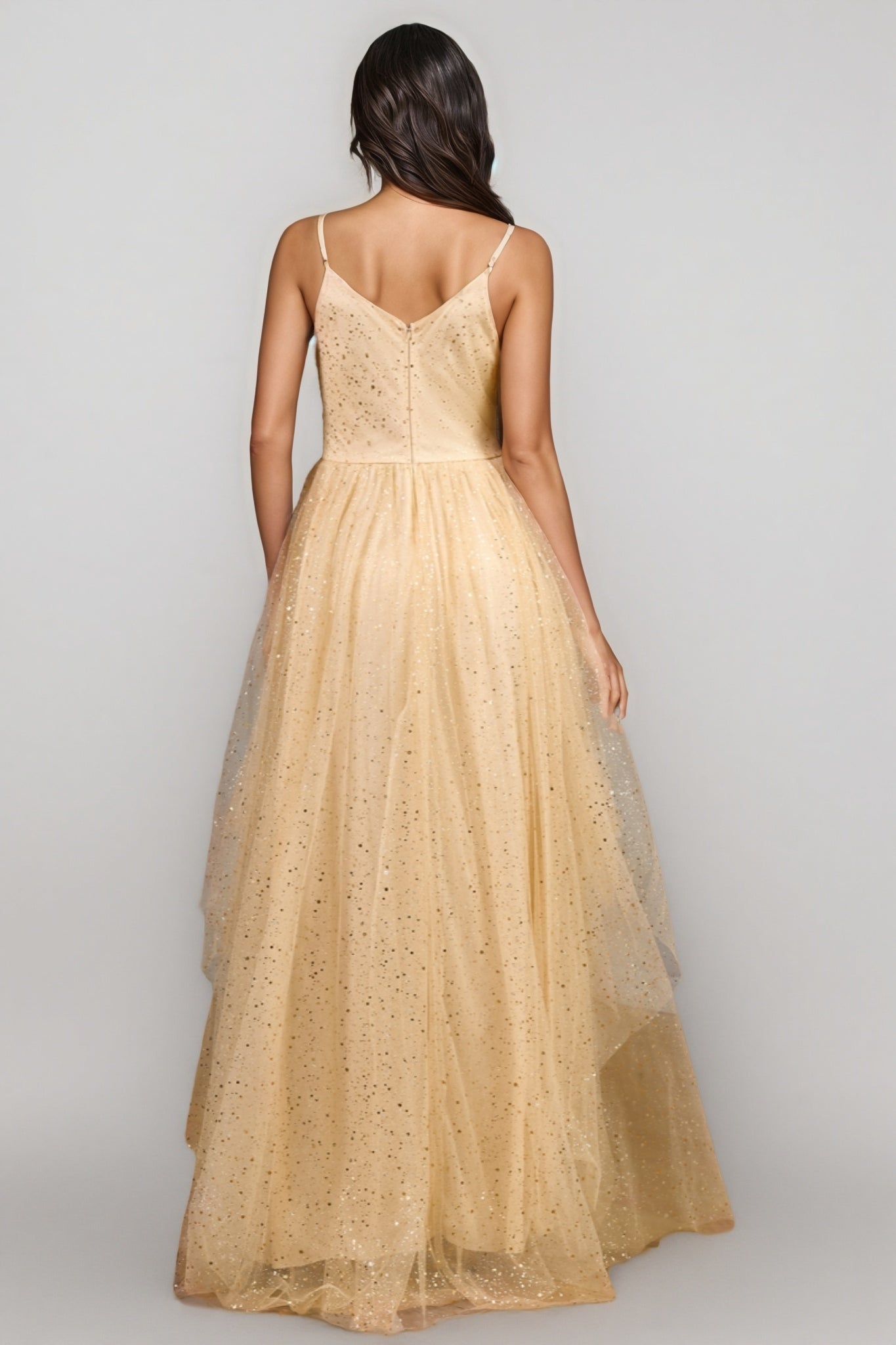 Glitter Tulle V-Neck Spaghetti Strap Ruched A-Line Maxi Gown