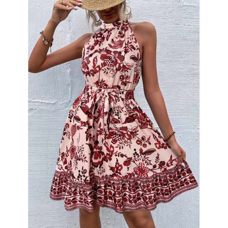 Floral Halter Neck Tie Waist Tiered A-Line Mini Summer Dress