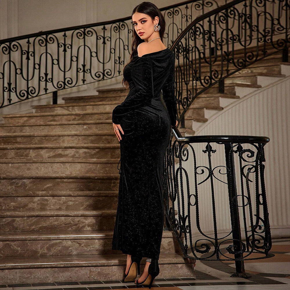 Velvet Glitter Off Shoulder Long Sleeve Ruched High Split Maxi Dress