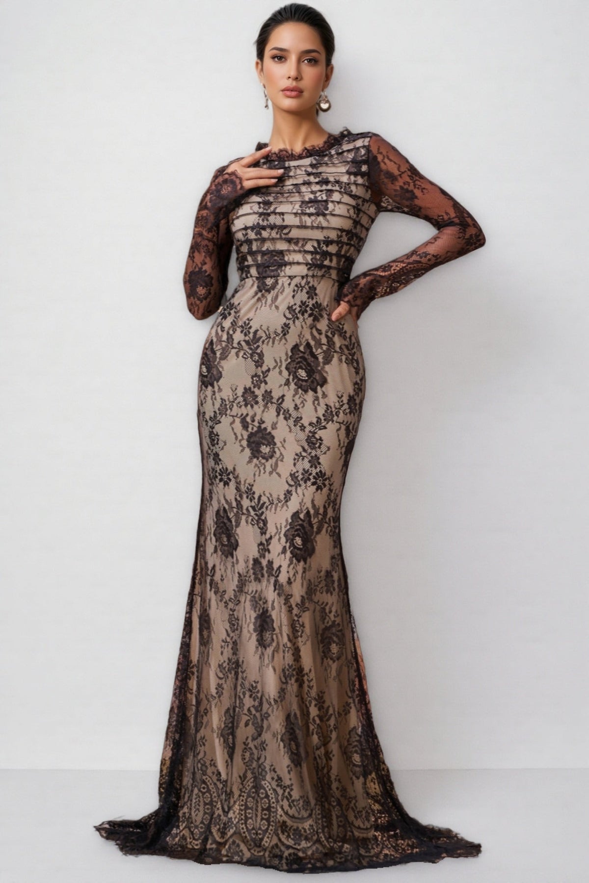Floral Lace Overlay Long Sleeve Ruffle Trim Mermaid Maxi Gown 5