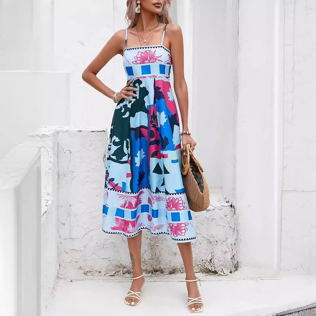 Abstract Floral Print Spaghetti Strap Square Neck A-Line Midi Dress