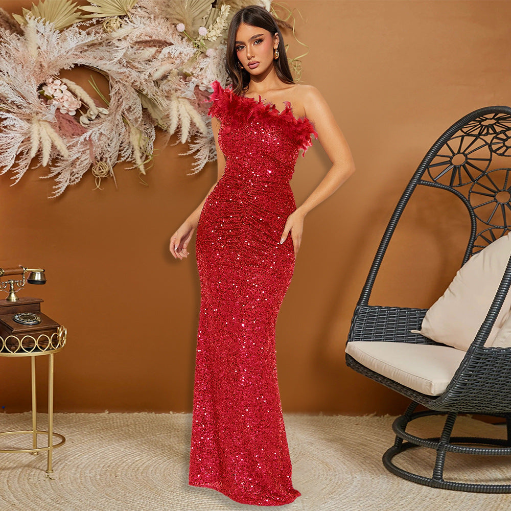 Sequin Feather Trim Strapless Ruched Mermaid Maxi Gown