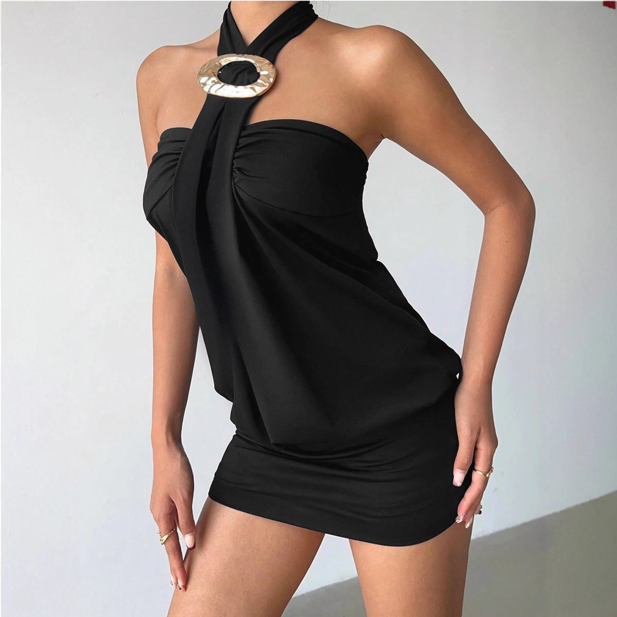 Draped Halter Neck Metal Ring Detail Bodycon Mini Dress