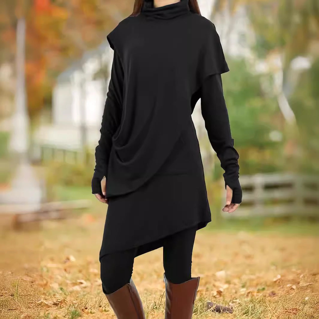 Cowl Turtleneck Draped Asymmetric Layered Long Sleeve Thumbhole Tunic Dress 2