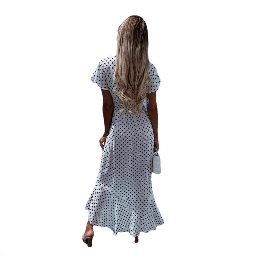 Polka Dot Wrap Deep V-Neck Short Sleeve Ruffle High Low Maxi Dress