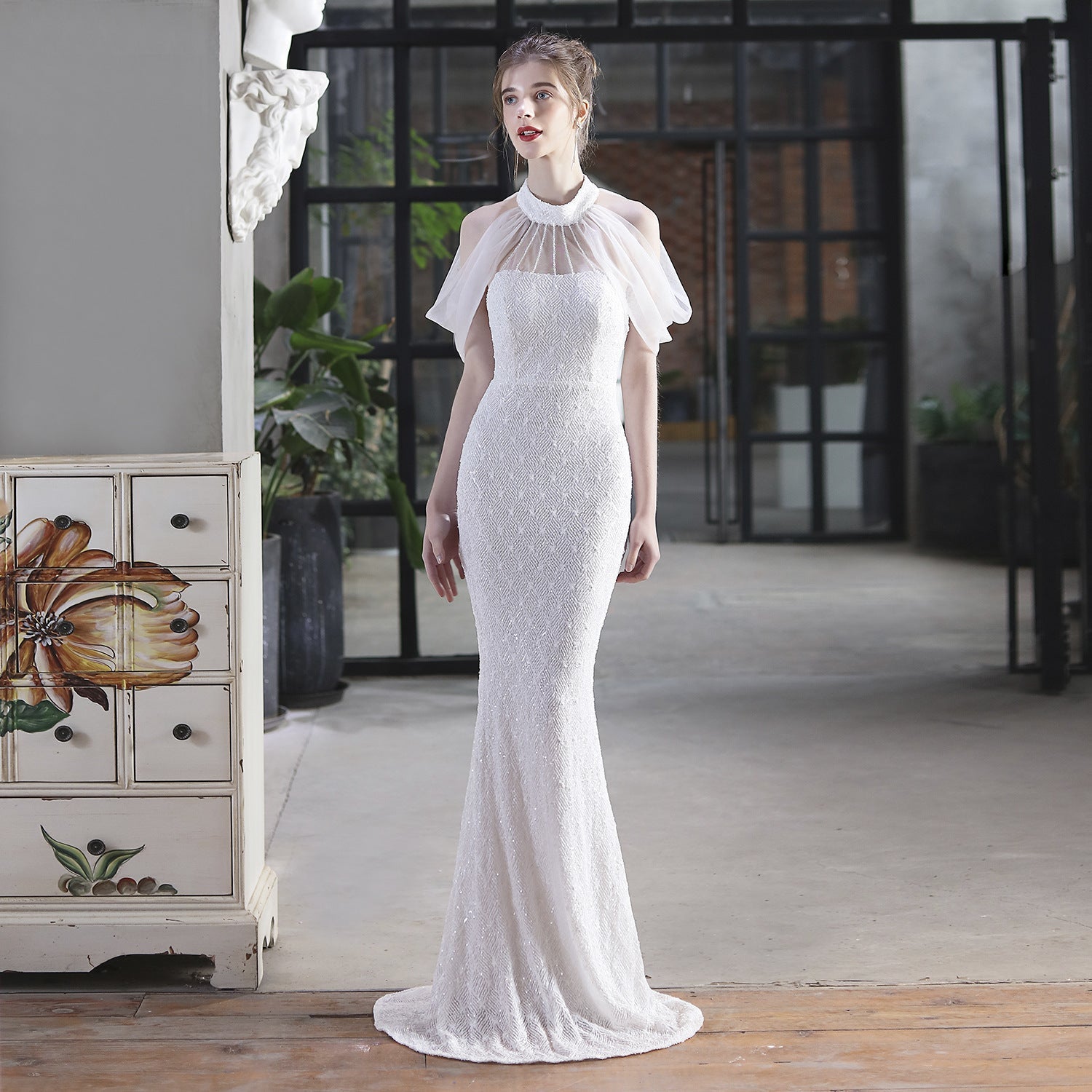 Sequin Halter Neck Sheer Cape Mermaid Gown