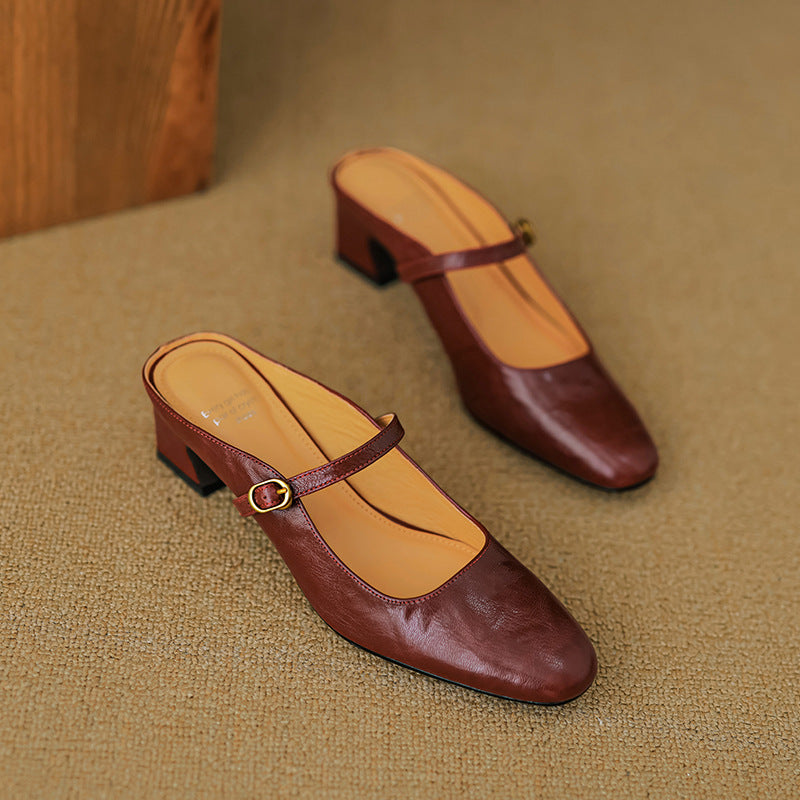 Square Toe Buckle Strap Block Heel Mules