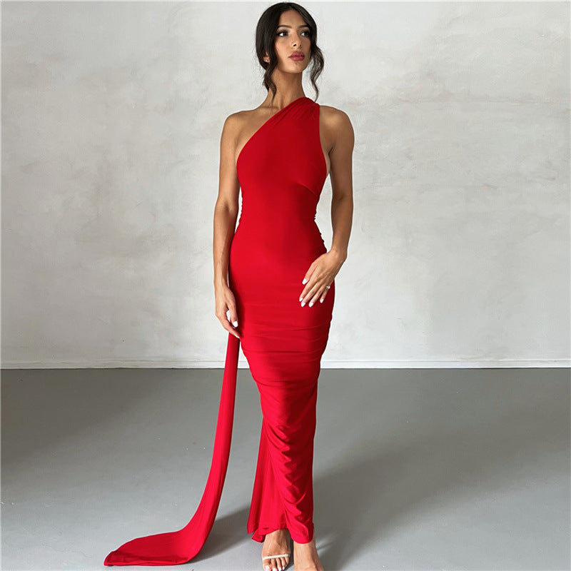 One Shoulder Backless O-Ring Ruched Drape Maxi Evening Gown 7