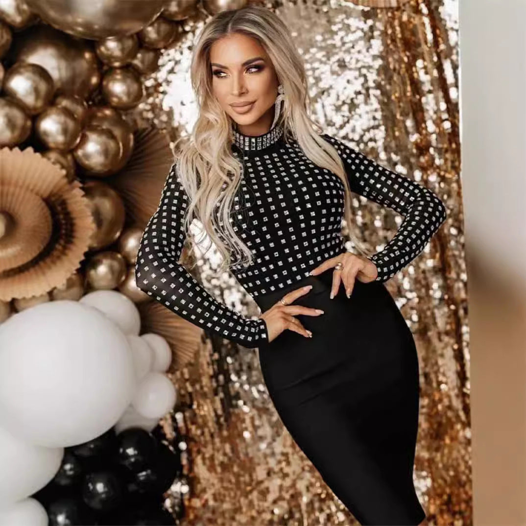 Rhinestone Mesh Mock Neck Long Sleeve Bandage Pencil Midi Dress