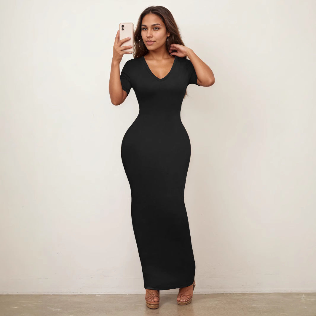 Slim Fit Sexy Women Clothing Deep V Plunge neck Half Sleeves Dress Solid Color High Elastic Sheath Dress